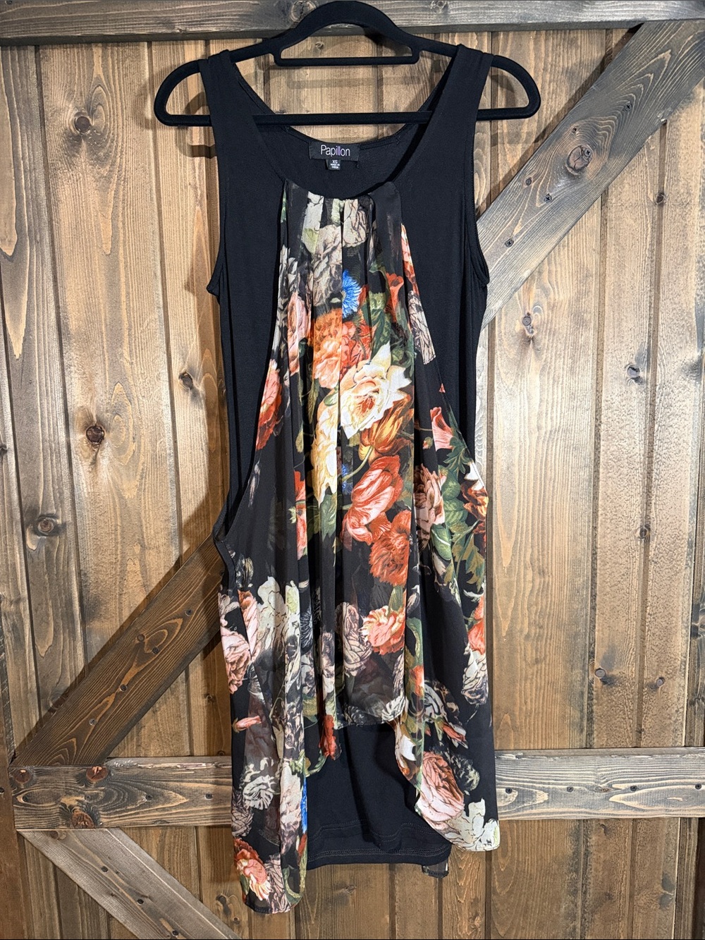Papillon Blanc Black Floral Asymmetrical Sleeveless Tunic Dress